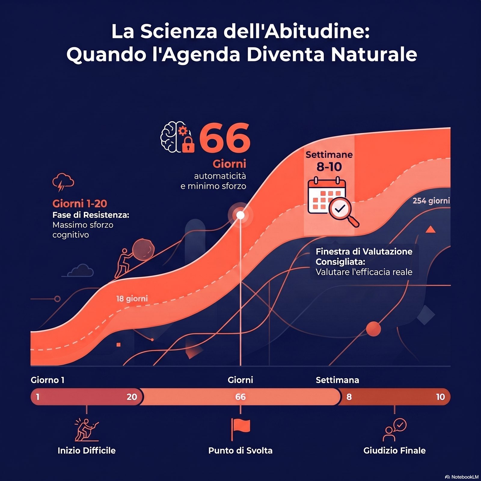 Curva di formazione dell'abitudine basata su Lally et al. 2010: grafico che mostra la curva tipica di stabilizzazione de