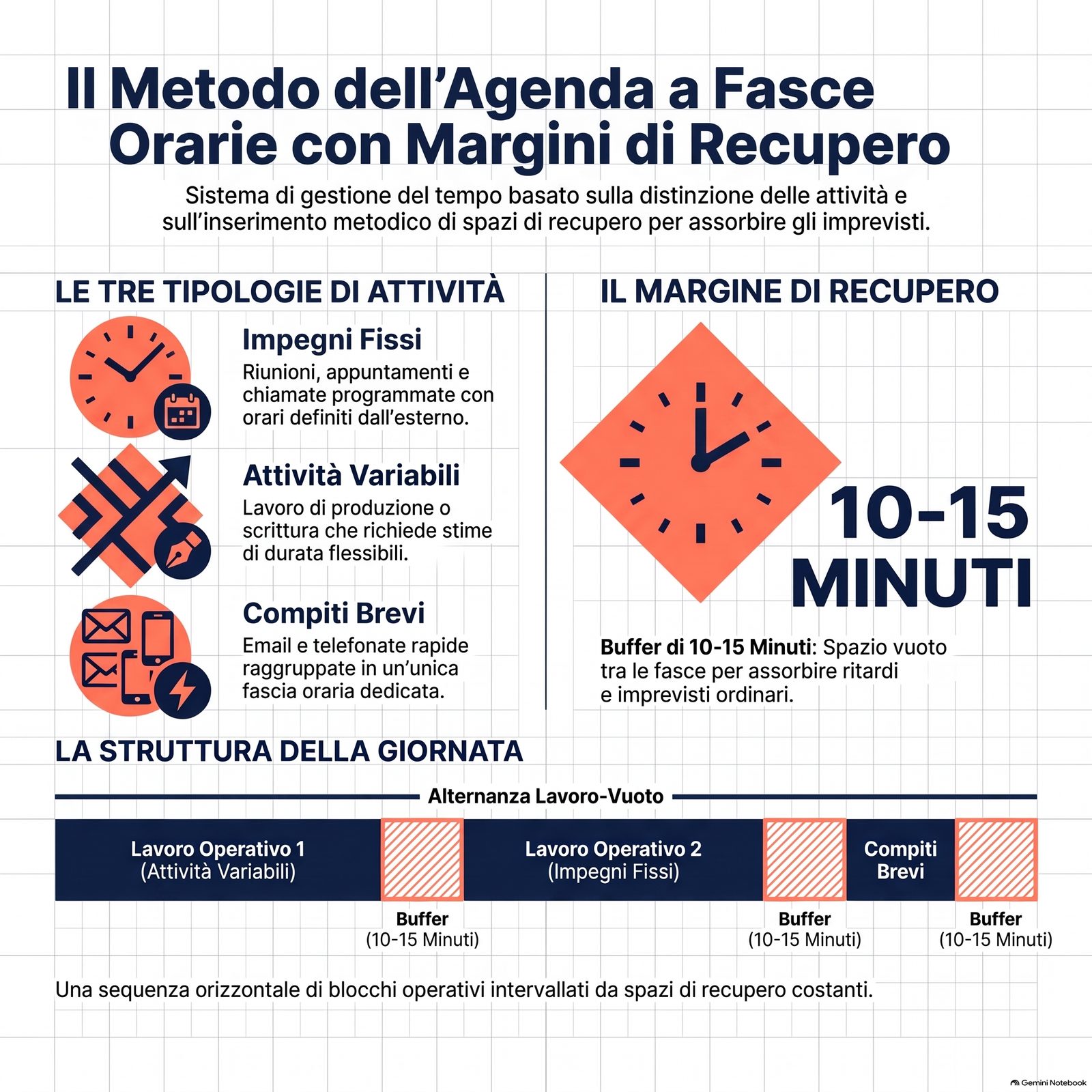 Schema di un'agenda con fasce orarie e margini di buffer tra le attività