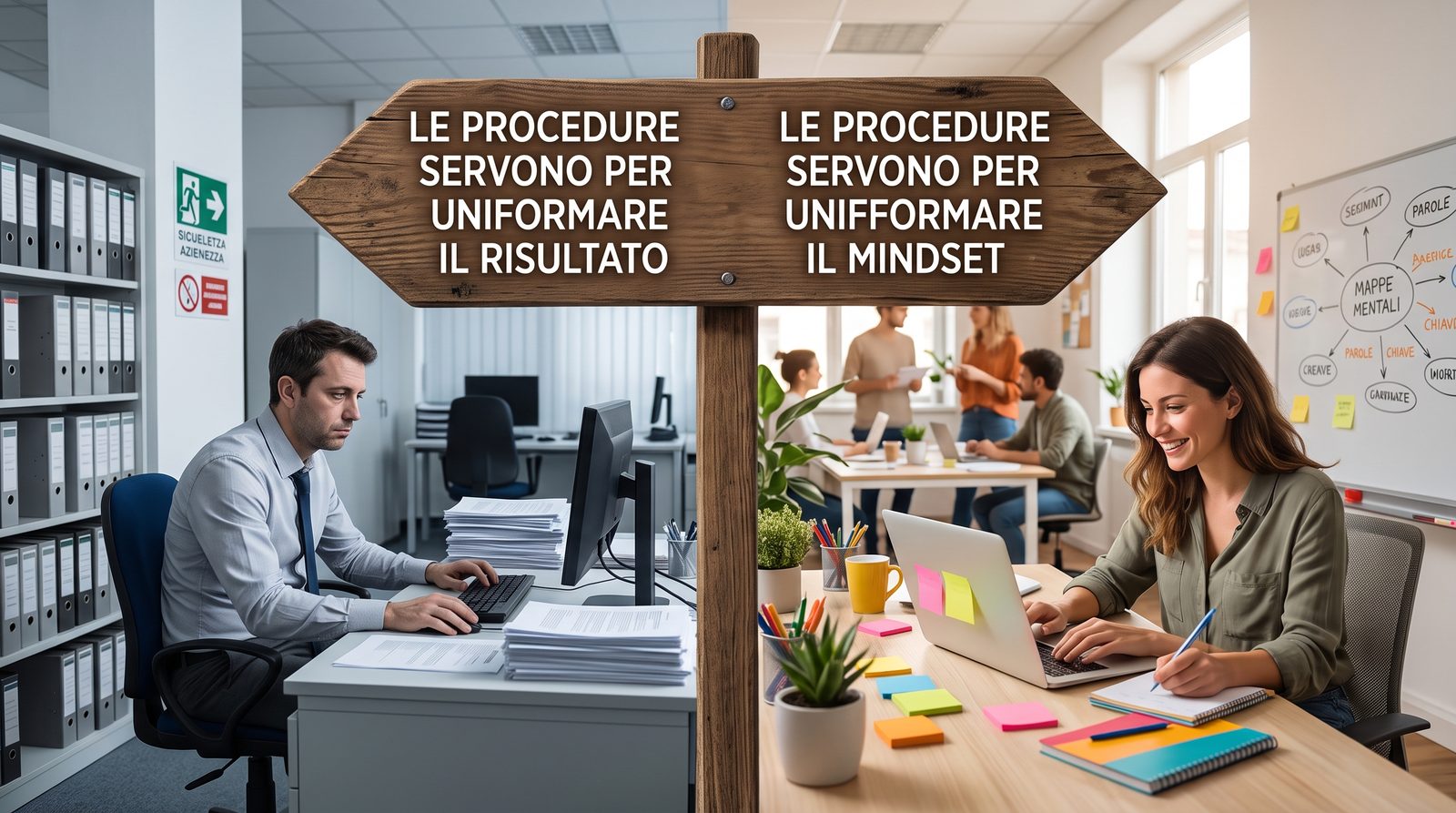 Infografica con un cartello a due direzioni: da un lato «Le procedure servono per uniformare il risultato», con un impiegato chino su pile di documenti; dall'altro «Le procedure servono per uniformare il mindset», con una collaboratrice sorridente in un ufficio dinamico