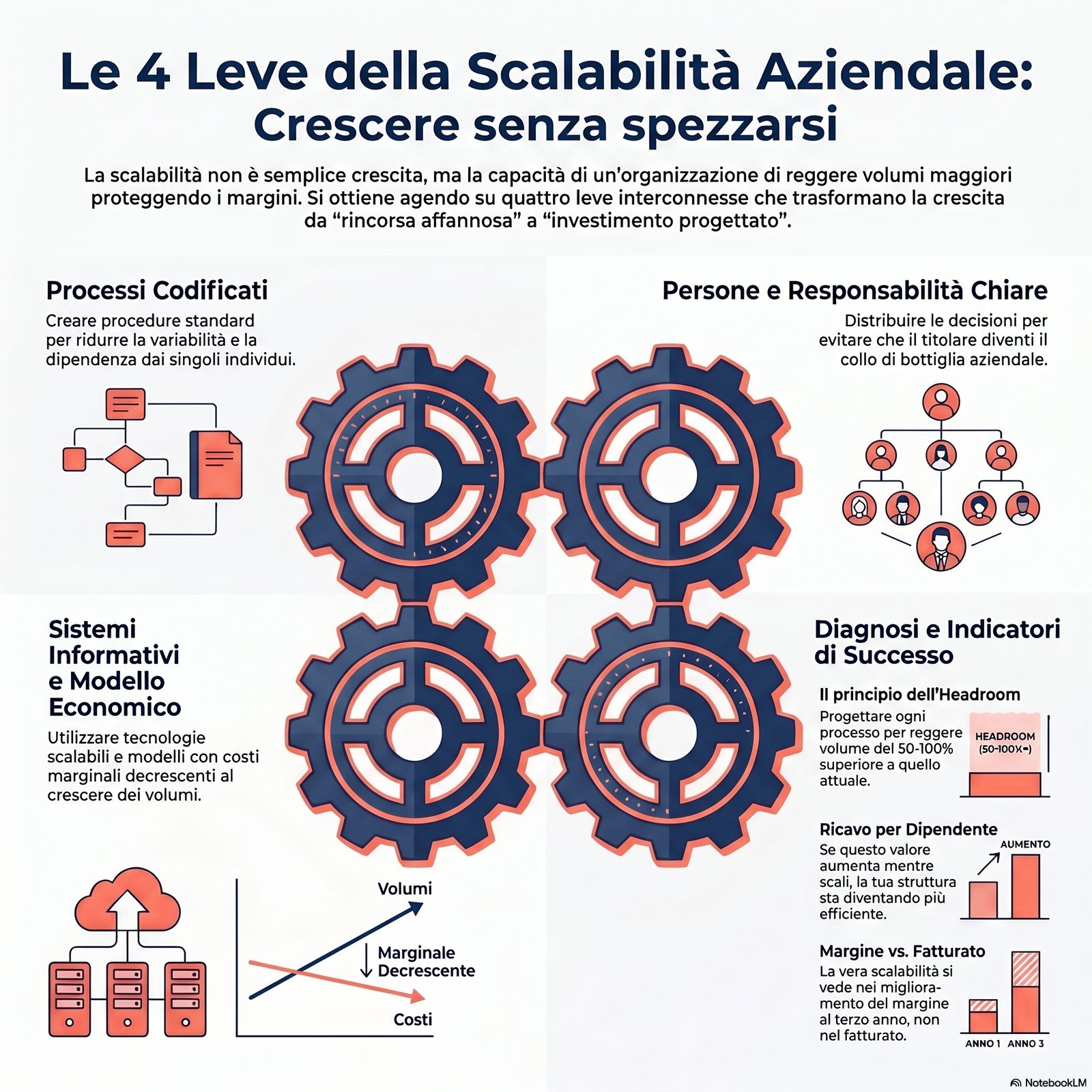 Le quattro leve della scalabilità aziendale (processi, persone, sistemi, modello economico) rappresentate come ingranagg