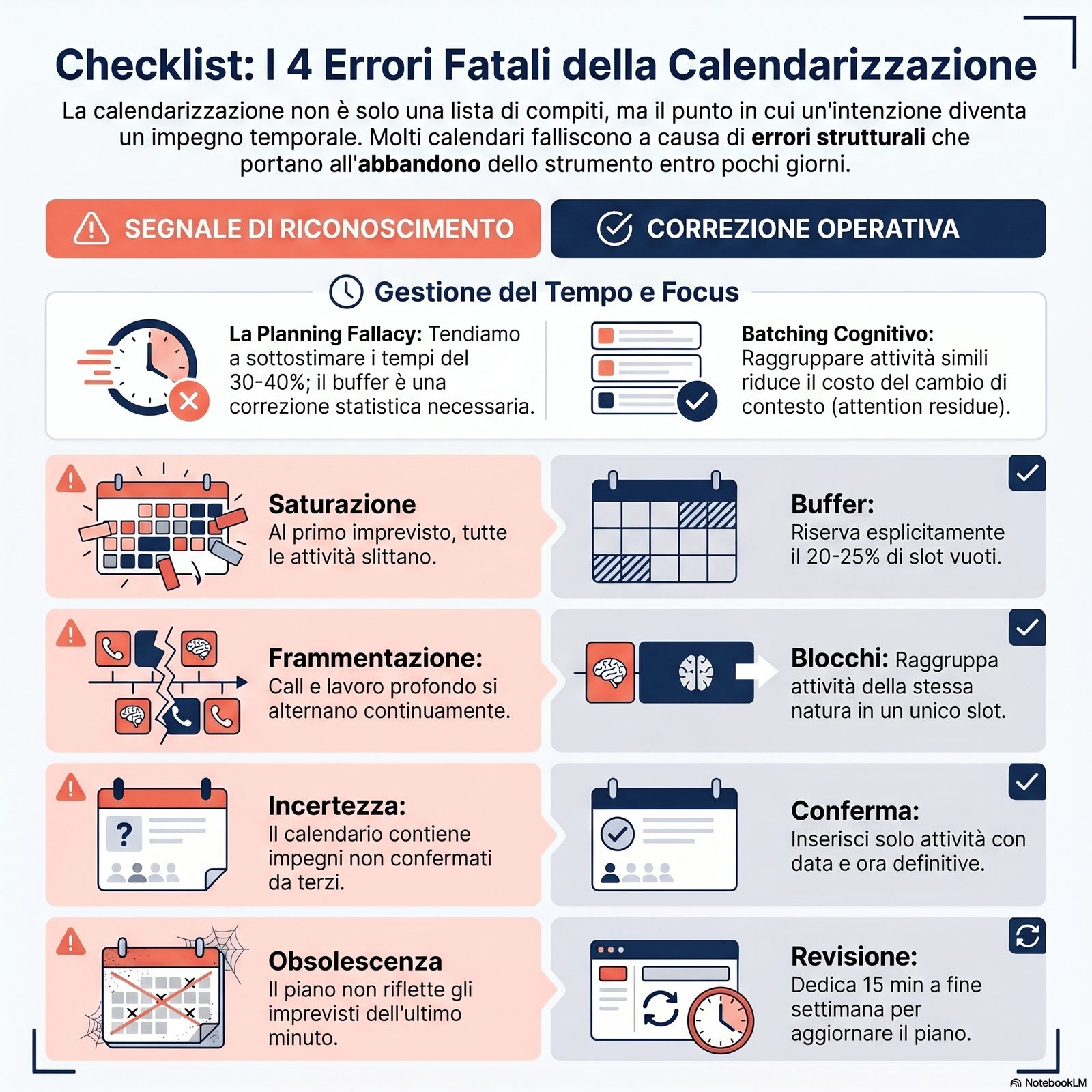Checklist dei 4 errori frequenti di calendarizzazione con segnale di riconoscimento e correzione operativa per ciascuno