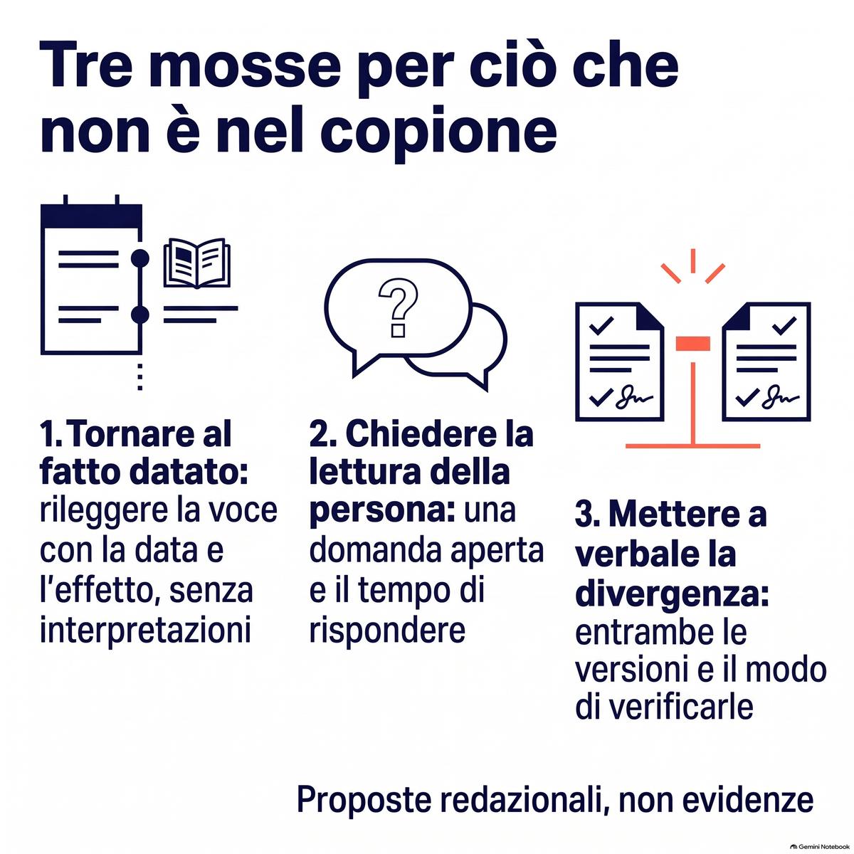 Schema delle tre mosse davanti a una reazione fuori copione: tornare al fatto datato, chiedere la lettura della persona, mettere a verbale la divergenza