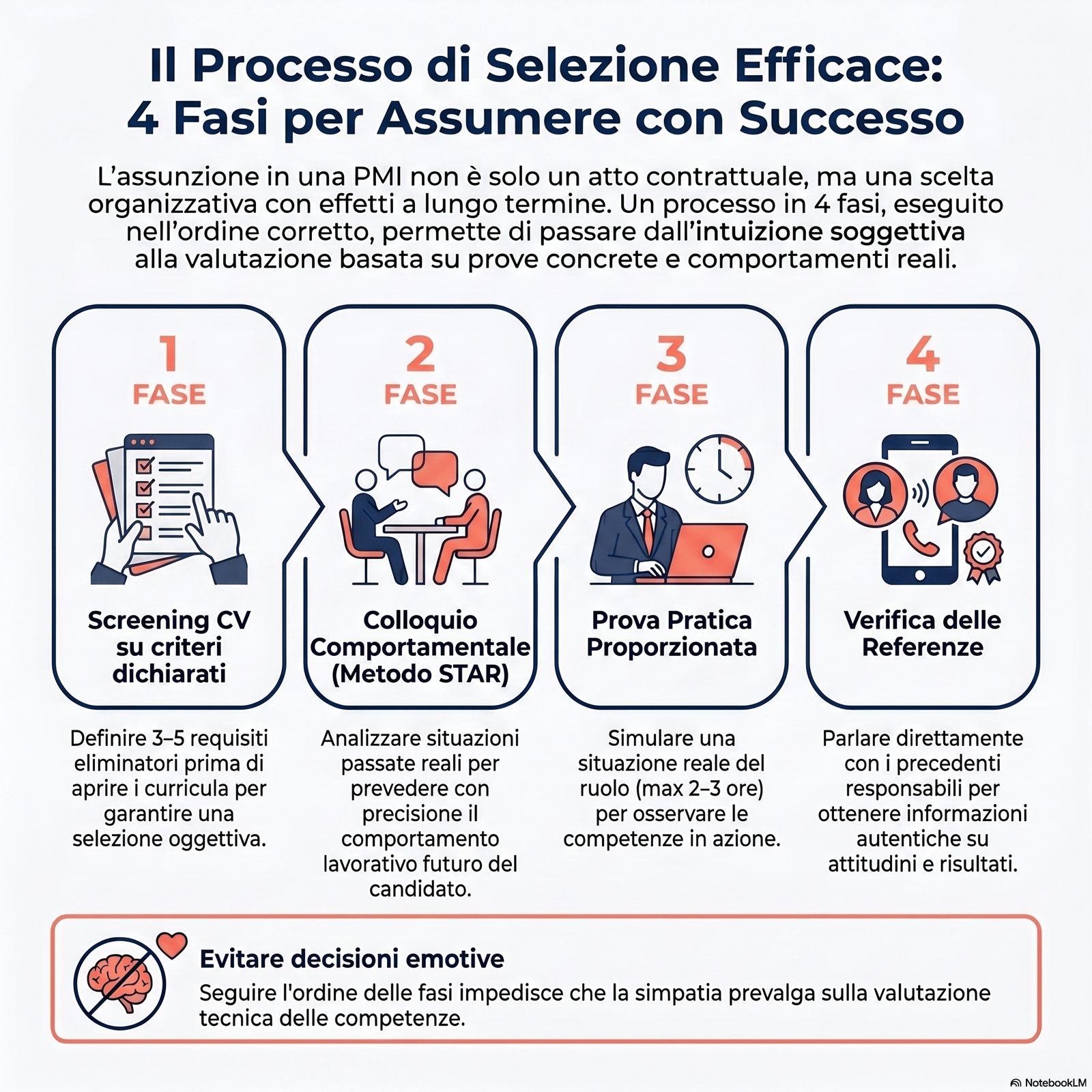 Processo di selezione in 4 fasi: Screening CV → Colloquio comportamentale → Prova pratica → Verifica referenze