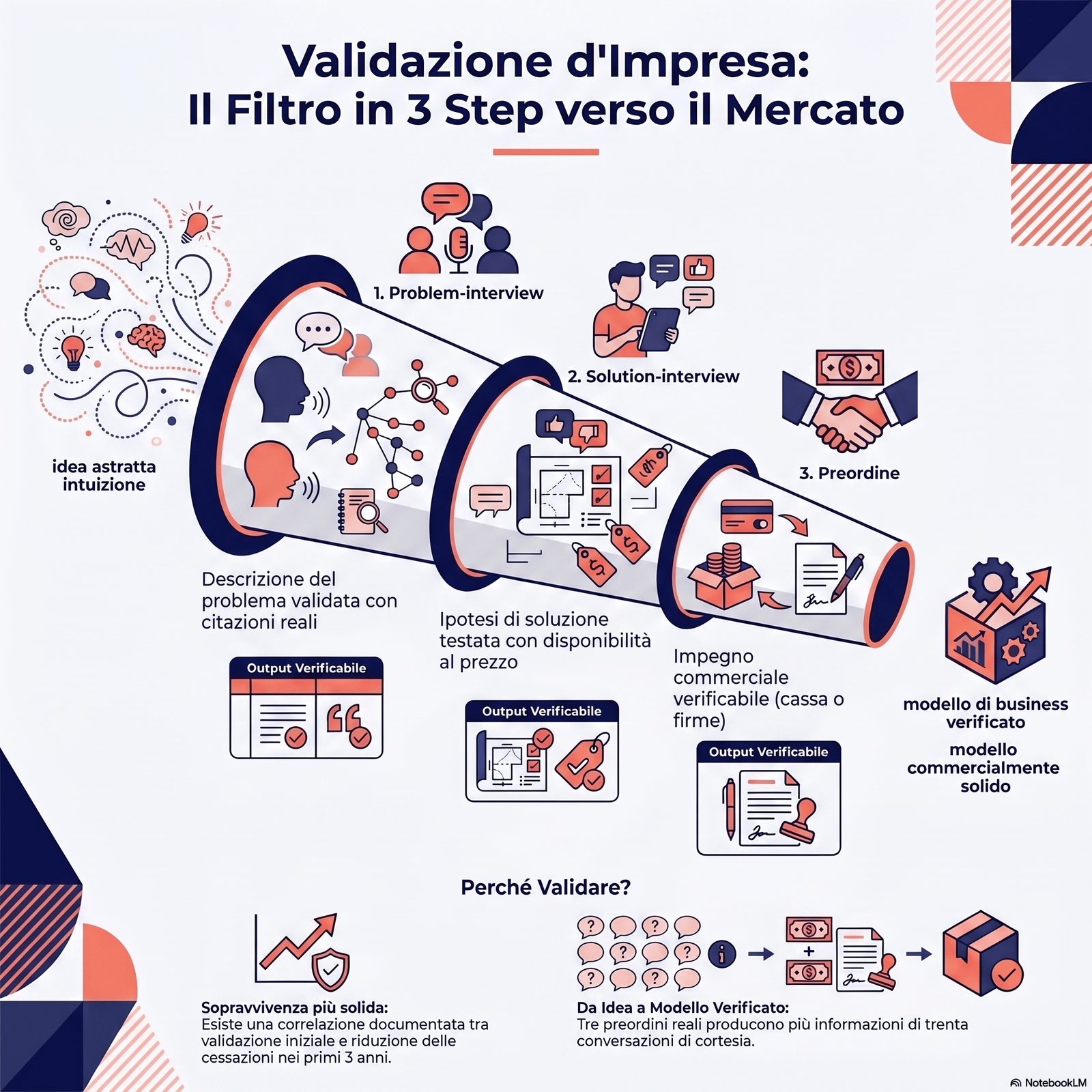 Sequenza dei tre passaggi di validazione: problem-interview, solution-interview, preordine — visualizzati come tre filtr