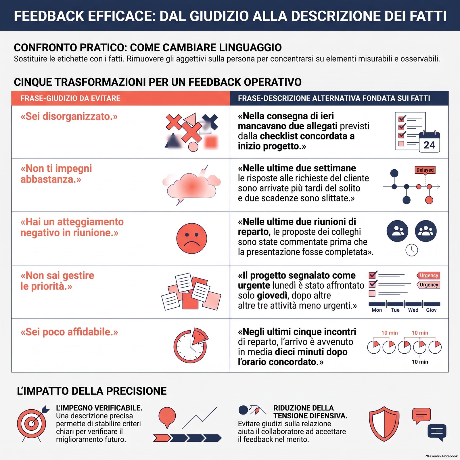 Infographic contrasting the judgment phrase to avoid with the alternative descriptive phrase in feedback to team members