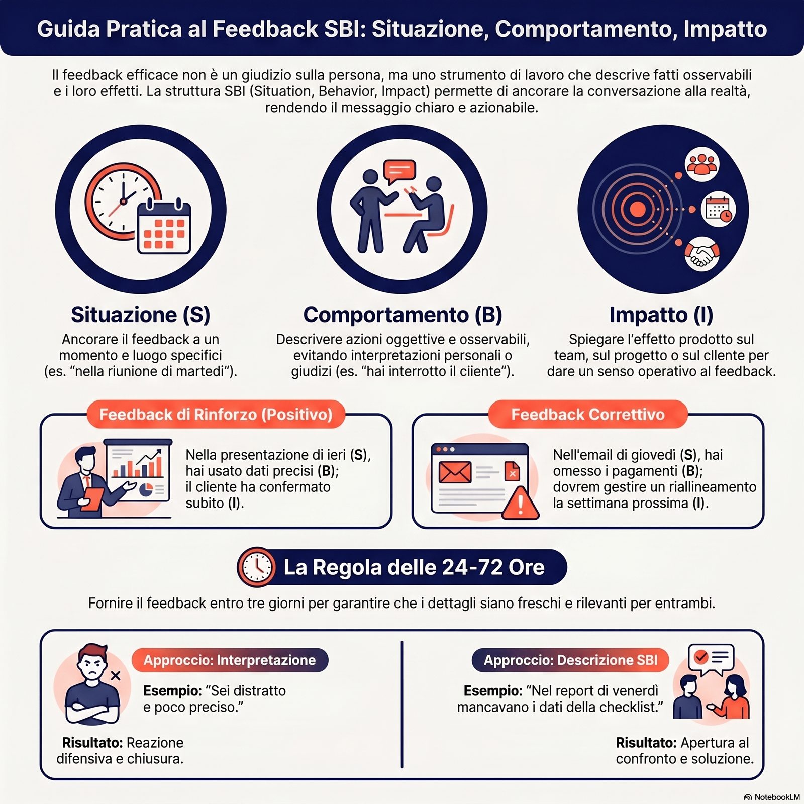 La struttura SBI per il feedback: Situazione, Comportamento, Impatto — con esempio visivo delle tre componenti