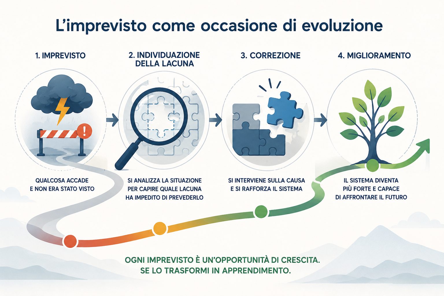 Il ciclo in quattro passi che trasforma un imprevisto in evoluzione: imprevisto, individuazione della lacuna, correzione della causa, miglioramento del sistema