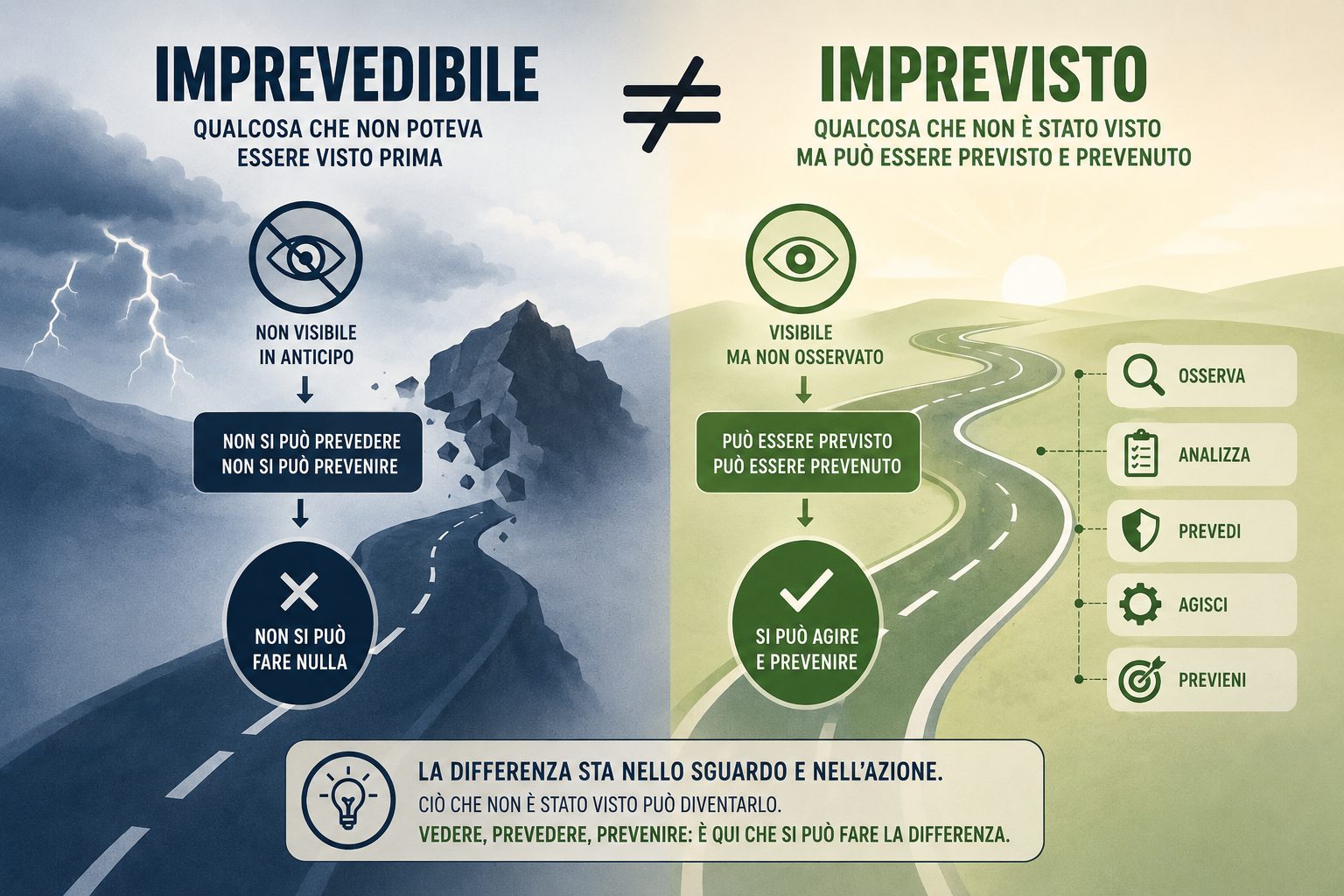 Confronto tra imprevedibile e imprevisto: a sinistra ciò che non poteva essere visto prima e su cui non si può intervenire, a destra ciò che non è stato visto ma può essere previsto e prevenuto osservando, analizzando e agendo sulla causa