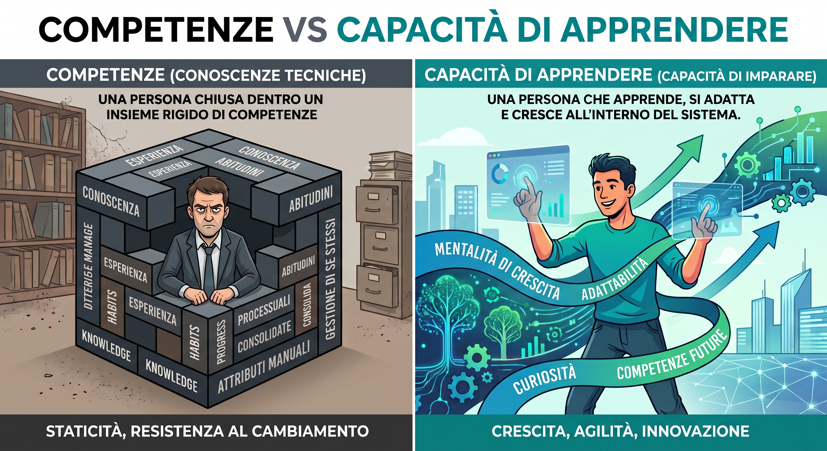 Comparison between skills and the ability to learn: on the left, a person closed inside a rigid cube of knowledge and experience; on the right, a person who learns, adapts, and grows together with the system
