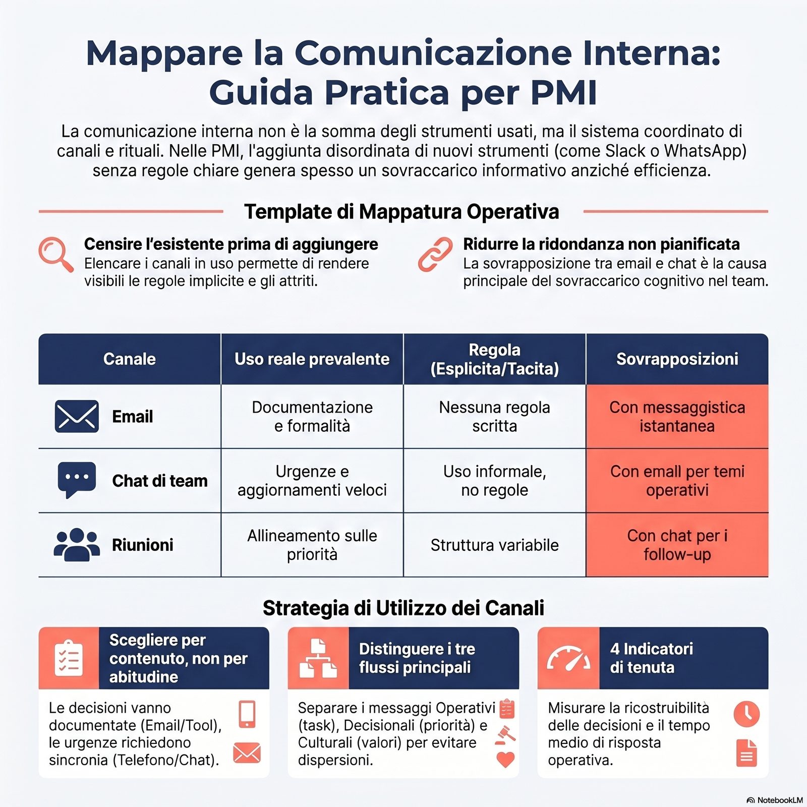 Template di mappatura canali di comunicazione interna con quattro colonne: canale, uso reale, regola esplicita/tacita, s