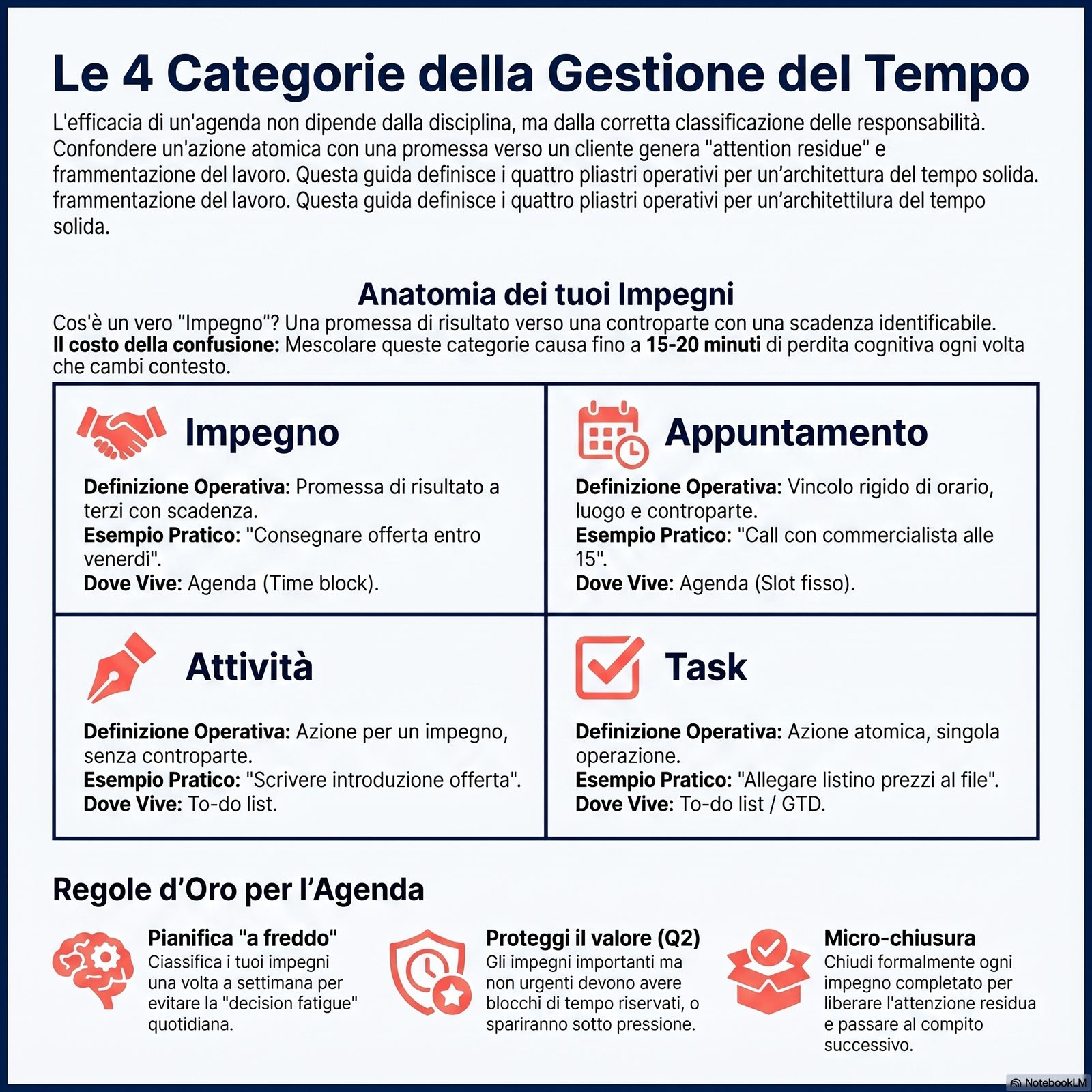 Tabella visiva delle quattro categorie (impegno/appuntamento/attività/task) con icone, esempi pratici e indicazione di d
