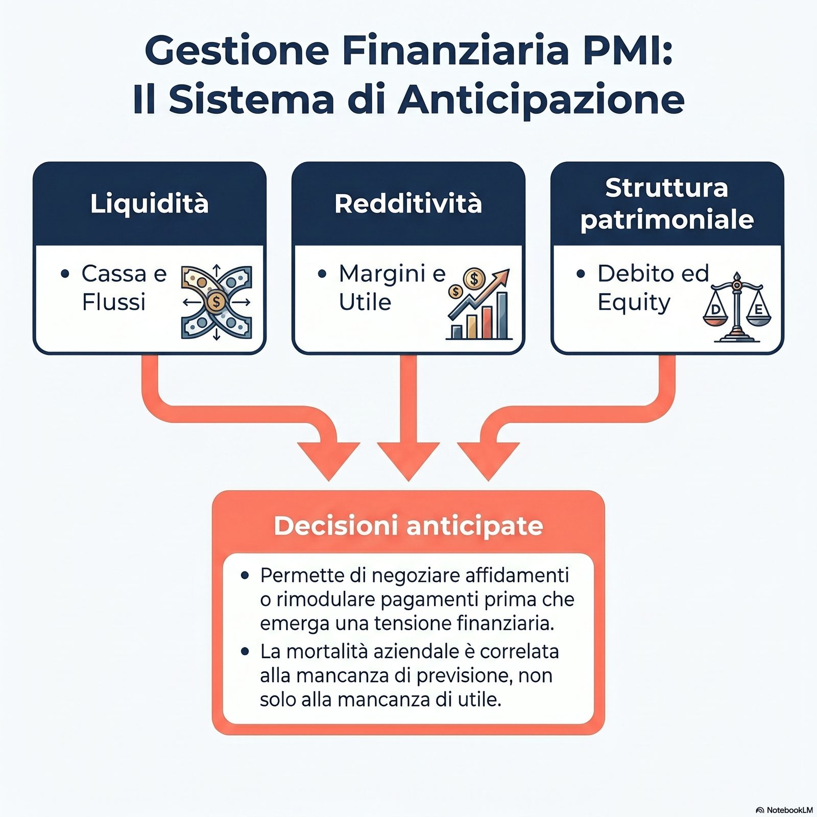Tre blocchi affiancati: 'Liquidità' (cassa, flussi), 'Redditività' (margini, utile), 'Struttura patrimoniale' (debito, e