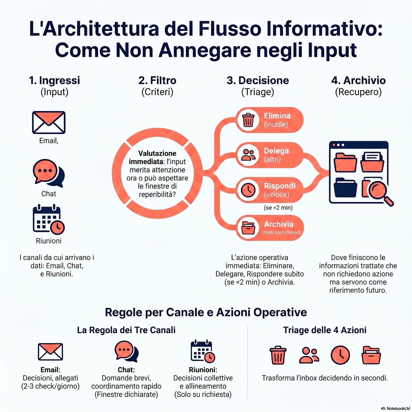 Schema dei quattro componenti del flusso informativo: ingresso → filtro → decisione → archivio, con esempi di canali per