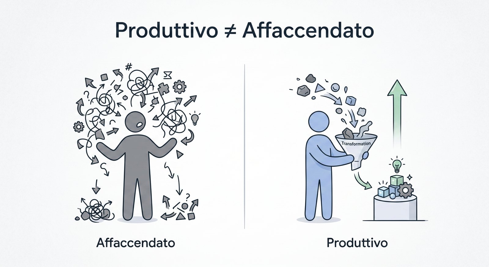 Confronto tra affaccendato e produttivo: a sinistra una persona travolta da attività disordinate, a destra una persona che trasforma risorse in qualcosa di valore