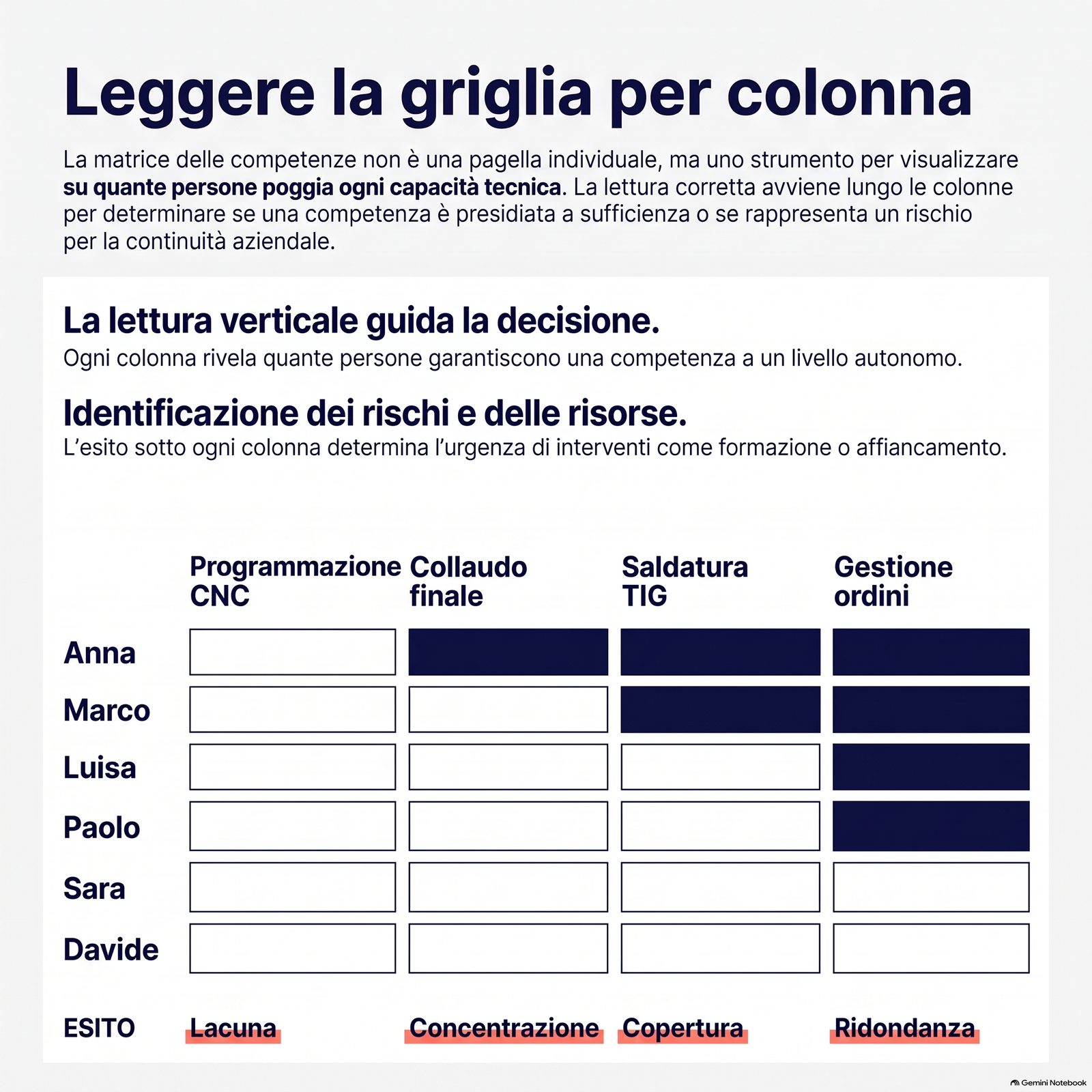 Griglia delle competenze compilata con le quattro colonne evidenziate per esito: lacuna, concentrazione, copertura e ridondanza