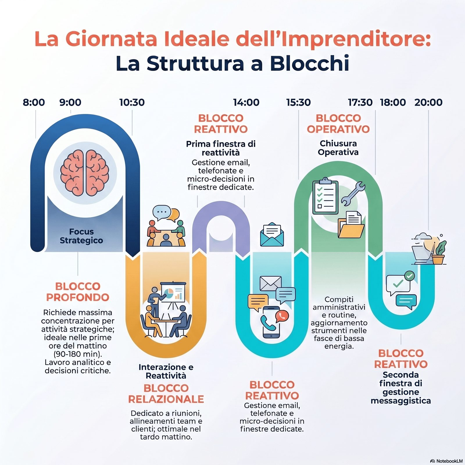 Schema visivo dei quattro blocchi-tipo nella giornata: orizzontale con fasce orarie 8-20, colori diversi per blocco prof