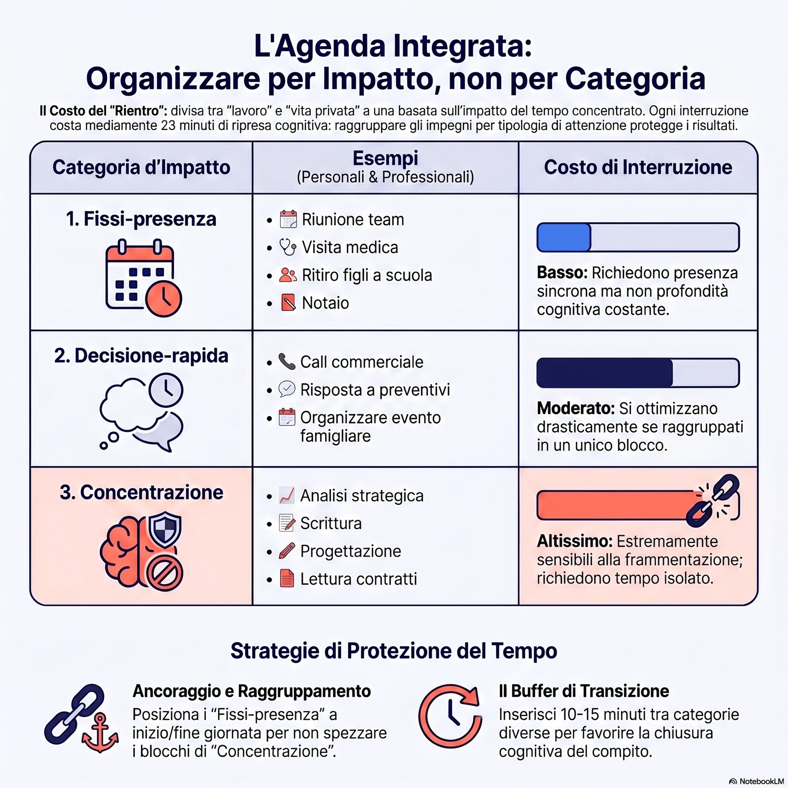 Tabella delle tre categorie di impegno per impatto sul tempo concentrato (fissi-presenza / decisione-rapida / concentraz