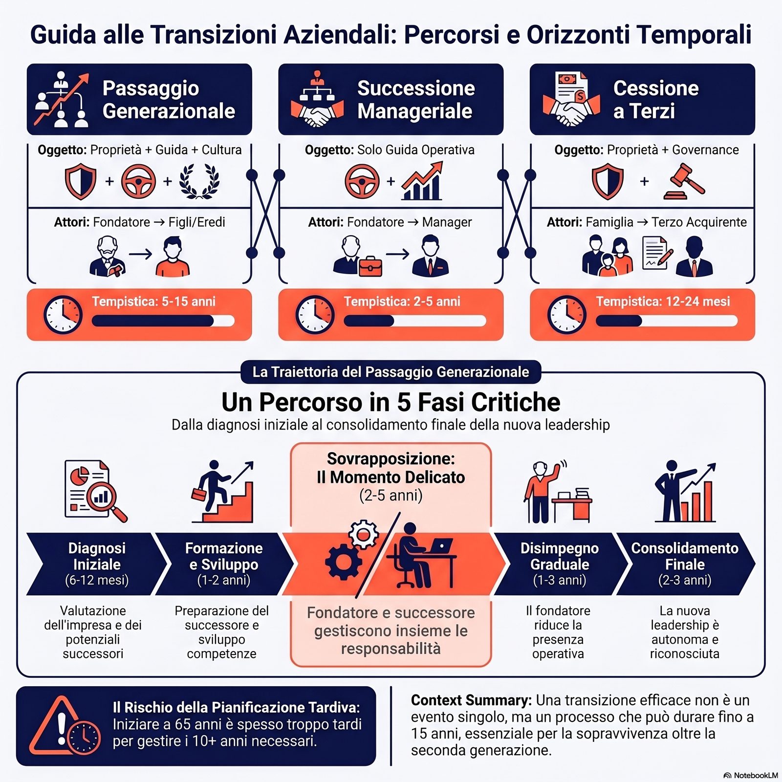 Tre scenari di transizione aziendale a confronto — passaggio generazionale, successione manageriale, cessione a terzi — 