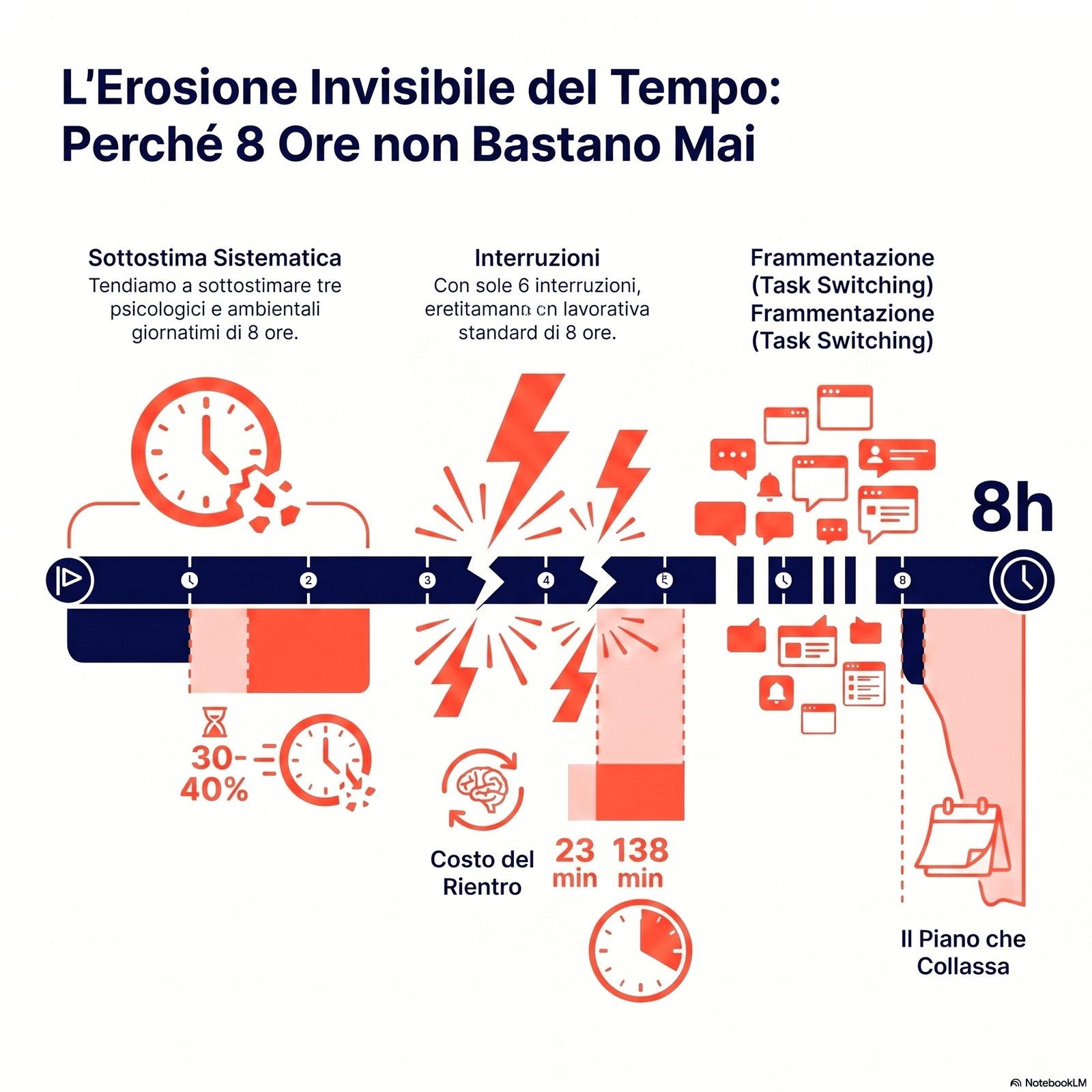 Schema dei tre meccanismi di erosione del tempo (sottostima, perdita da interruzione, task switching) con effetto cumula