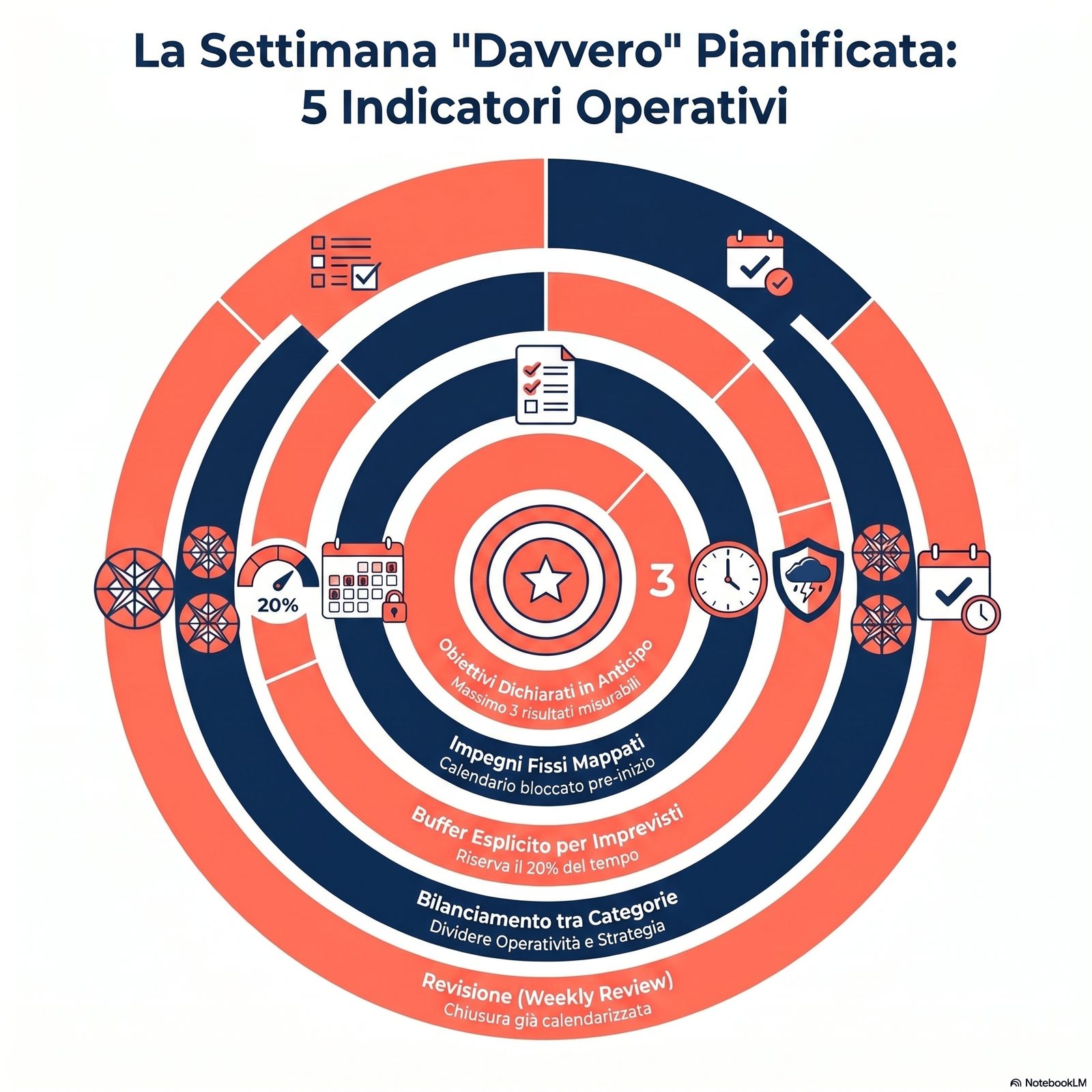 Diagramma a 5 indicatori della settimana davvero pianificata: cinque cerchi concentrici o checklist visiva con i cinque 