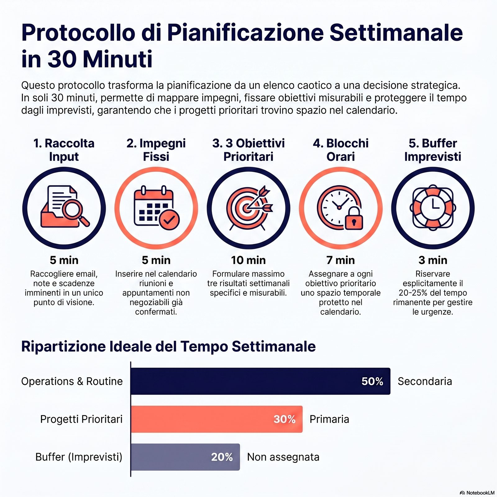 Diagramma dei 5 passaggi del protocollo in 30 minuti con tempi indicativi per ciascun passaggio e icone funzionali