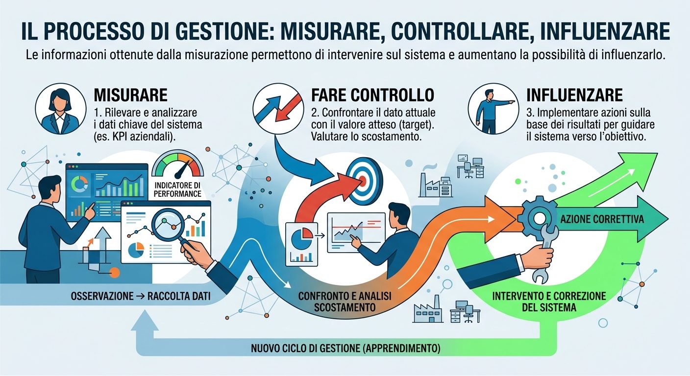 Infographic of the three-phase management process: measure by gathering the system's key data, do control by comparing the current figure with the expected value, influence with corrective actions on the system, in a new learning cycle