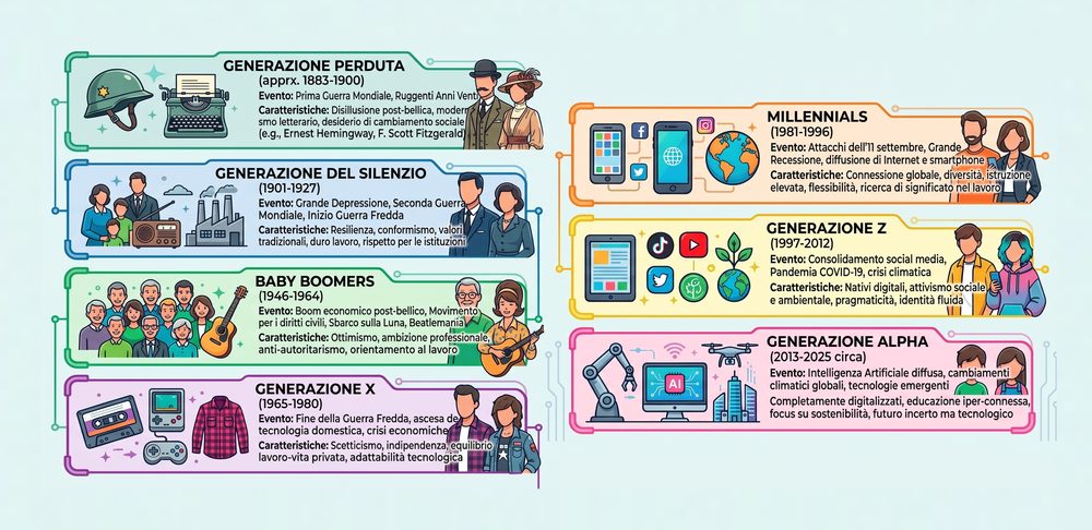 Infografica sulle generazioni, dalla Generazione perduta alla Generazione Alpha: per ciascuna gli eventi storici che l'hanno segnata e le caratteristiche che la distinguono