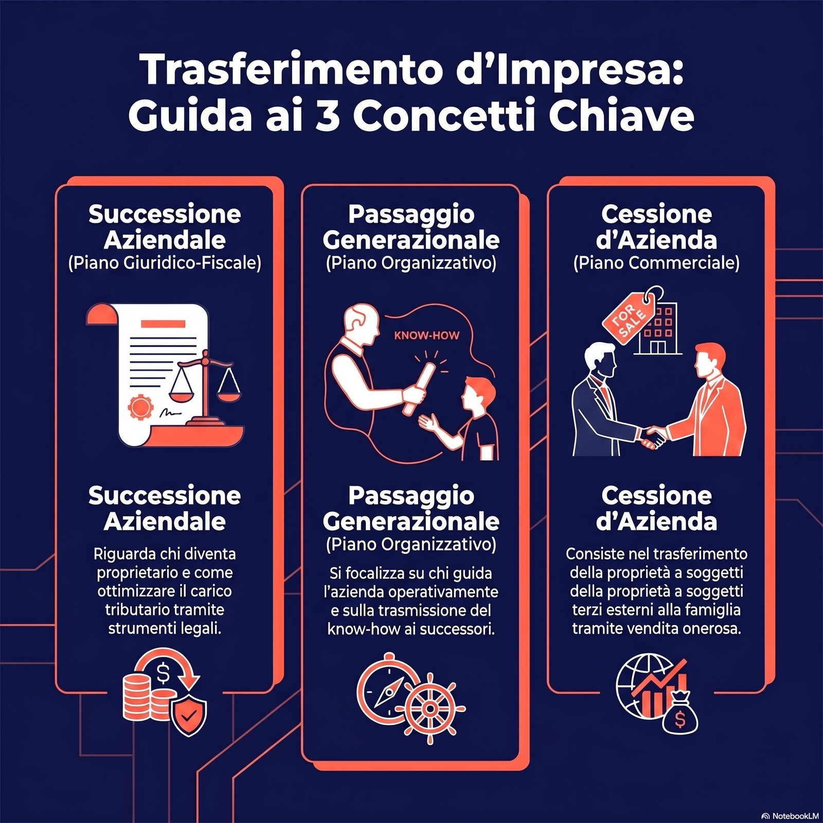 Schema che distingue visivamente i tre concetti: successione aziendale (piano giuridico-fiscale), passaggio generazional