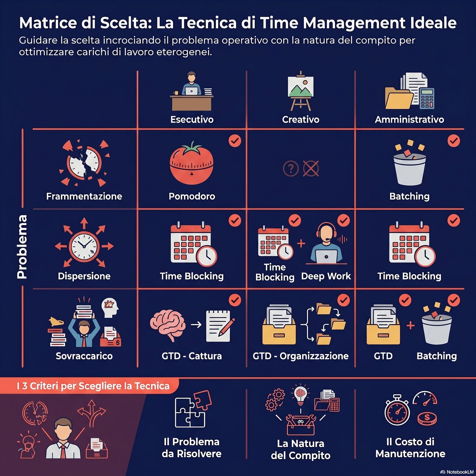 Matrice dei 4 criteri di scelta della tecnica di time management: asse verticale tipo di problema (frammentazione / disp