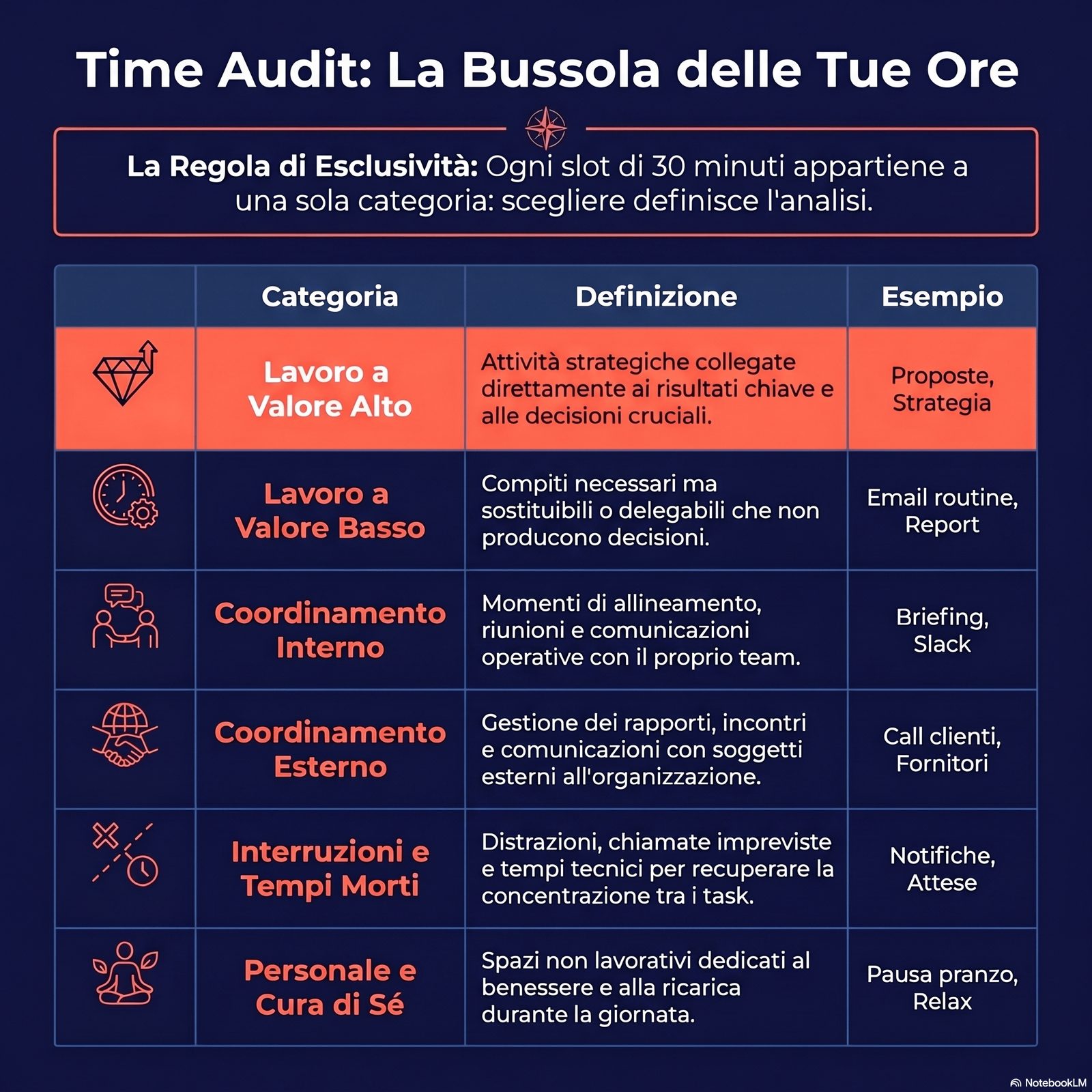 Schema delle 6 categorie del time audit con definizione sintetica e esempio per ciascuna; regola di esclusività evidenzi