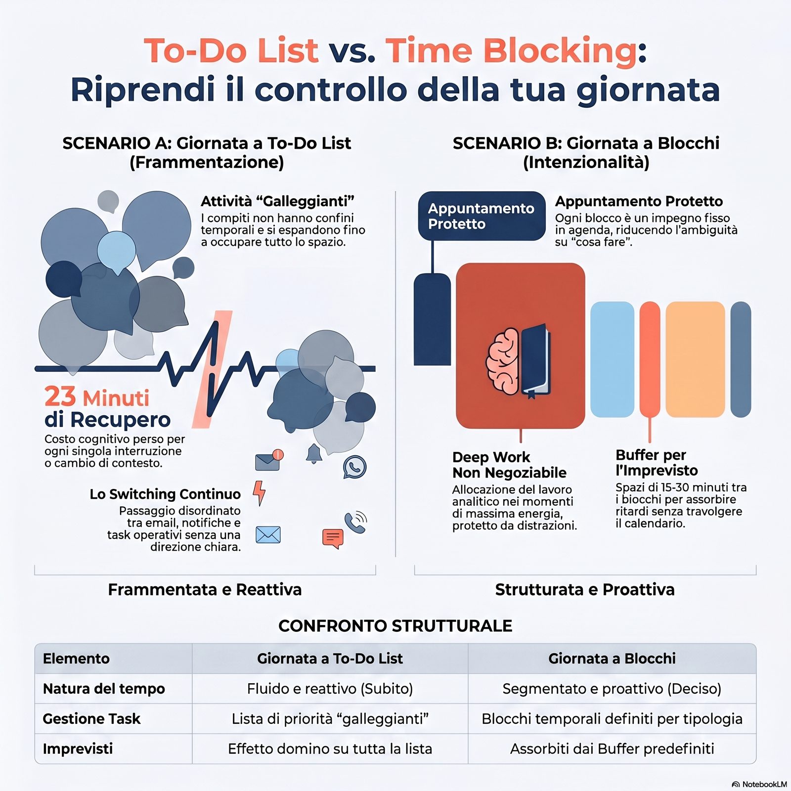 Schema comparativo: giornata a to-do list (attività che galleggiano nel tempo, frequenti interruzioni) vs giornata a blo
