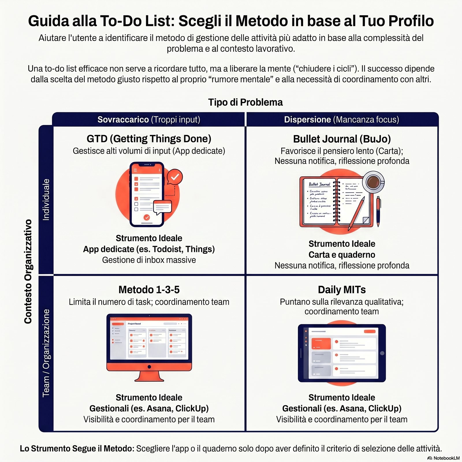 Mappa 2x2 dei quattro metodi di to do list per tipo di problema (sovraccarico / dispersione) e tipo di organizzazione (i