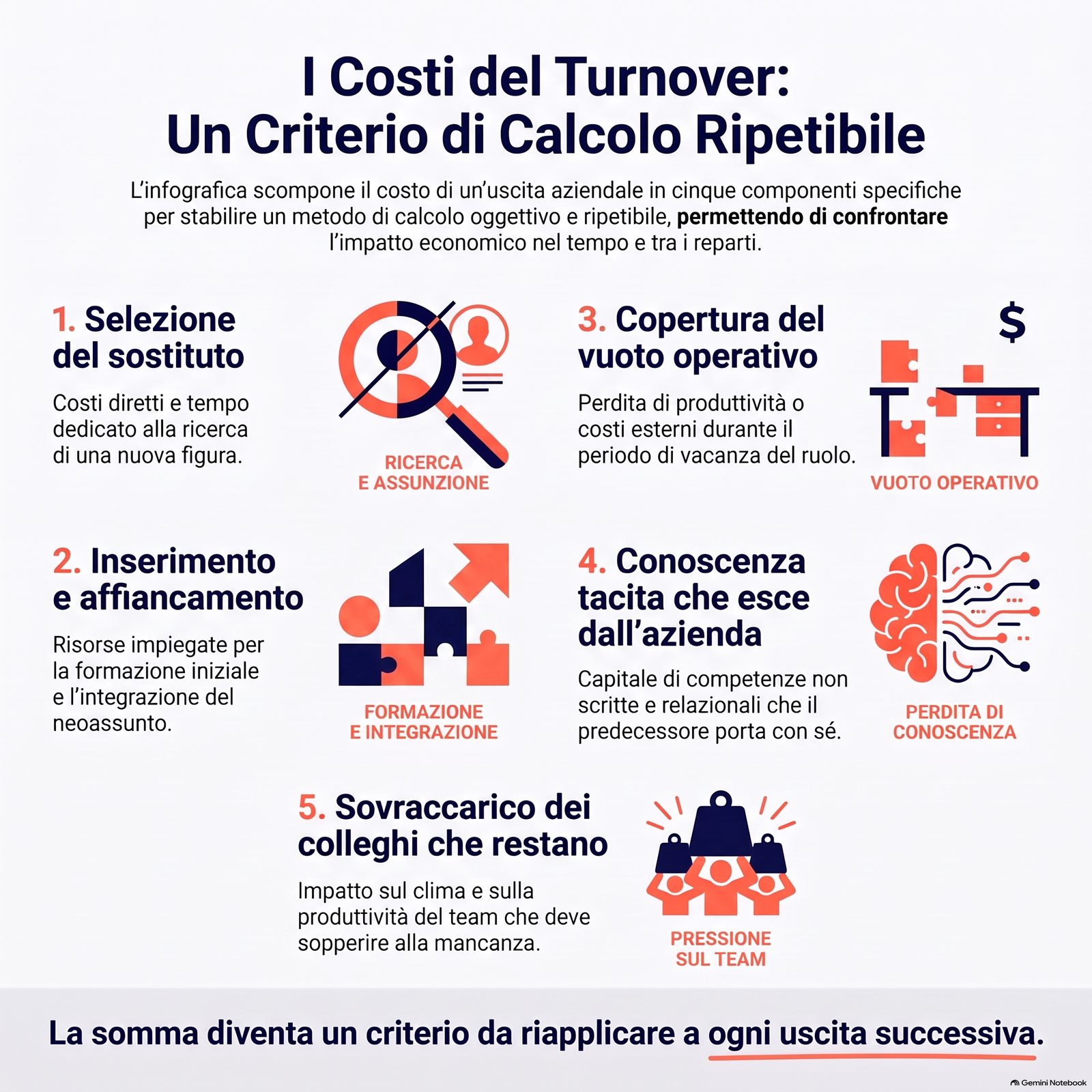 Schema delle cinque voci di costo del turnover applicate come criterio di calcolo ripetibile a ogni nuova uscita